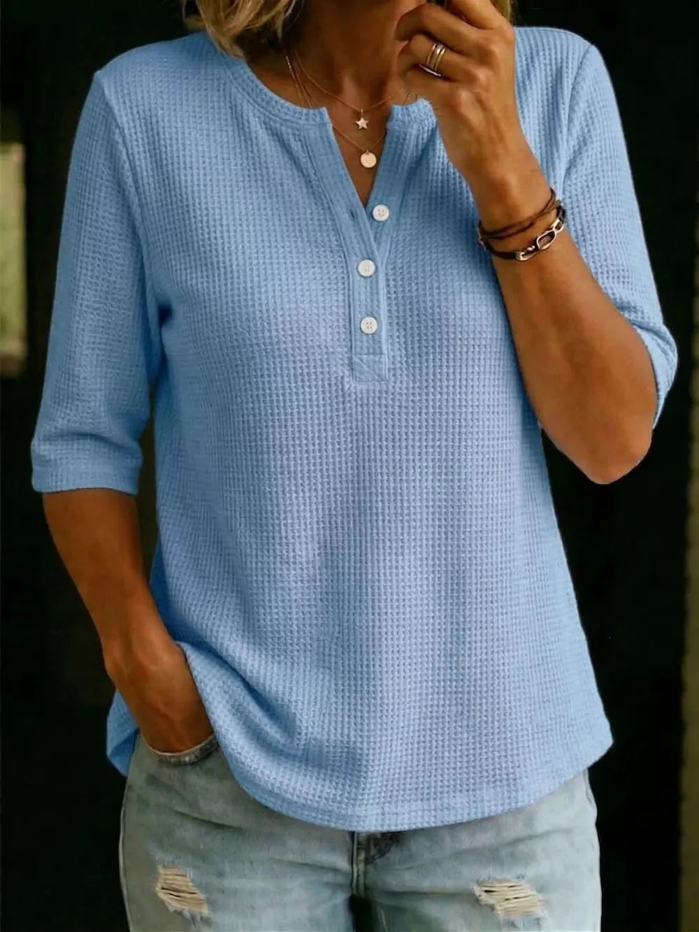 Full Size Waffle Knit Henley T-shirt Plus Size, close-up detail