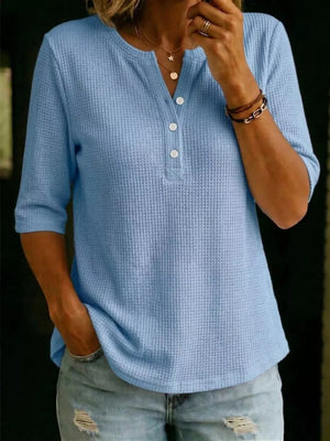 Full Size Waffle Knit Henley T-shirt Plus Size, close-up detail