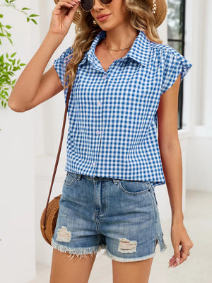 Plaid Button Up Cap Sleeve Shirt, editorial view