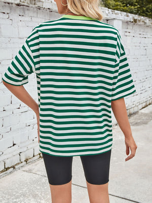 Relaxed fit t-shirt with green and white stripes and a contrast neon green neckline.
