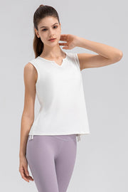 White notched neckline active tank top with drawstring hem detail
