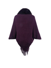 Plum textured knit poncho with faux fur collar and fringe detail