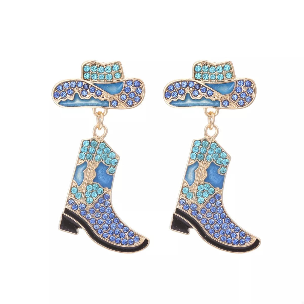 Cowboy hat and boot dangle earrings in blue with rhinestones