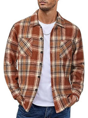 Men's brown plaid button-up shirt with two chest pockets and a cotton blend.