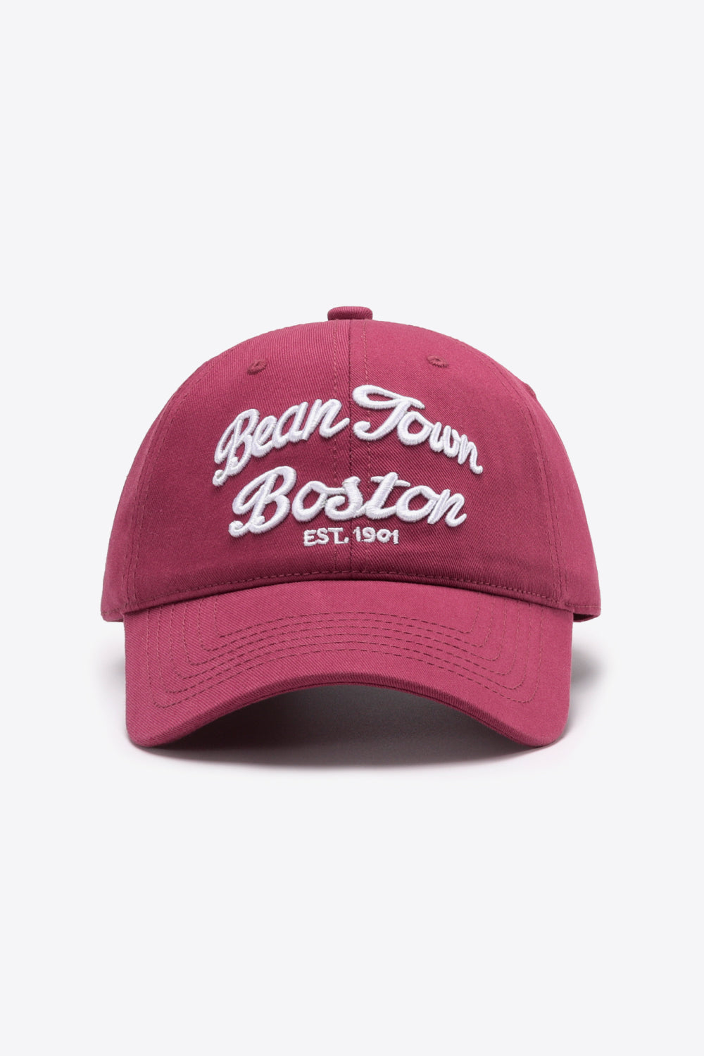 Deep Red baseball cap with white embroidered "Bean Town Boston EST. 1901" text