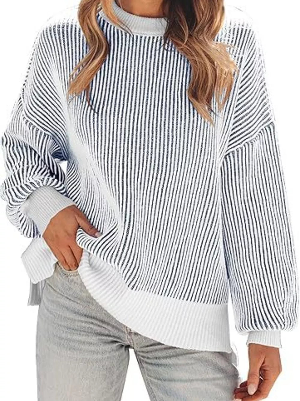 white pullover sweater with striped and crew neck