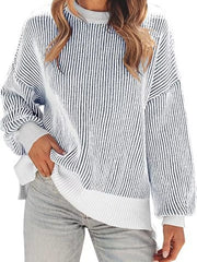 white pullover sweater with striped and crew neck