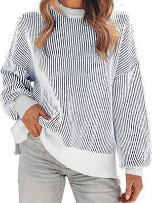 white pullover sweater with striped and crew neck