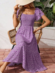 Purple floral smocked midi dress with ruffle sleeves and square neckline