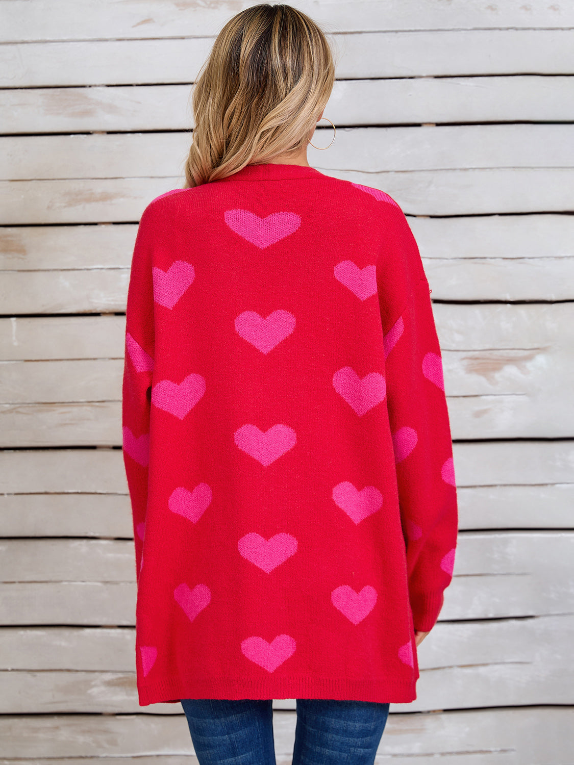 Romantic Heart Intarsia Knit Cardigan in Scarlet with pink hearts, acrylic knit.