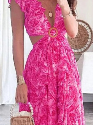 Pink ruffled V-neck maxi dress with cut-outs and wood ring detail