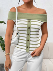 Off-shoulder striped knit top with button-down front and light green trim.