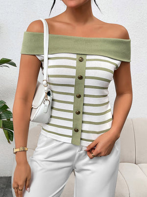 Off-shoulder striped knit top with button-down front and light green trim.