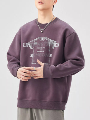 Men's oversized purple graphic sweatshirt with crewneck and long sleeves.