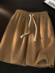 Brown waffle knit boxer shorts with white drawstring