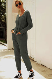 Relaxed linen-blend jumpsuit in army green with button front and pockets