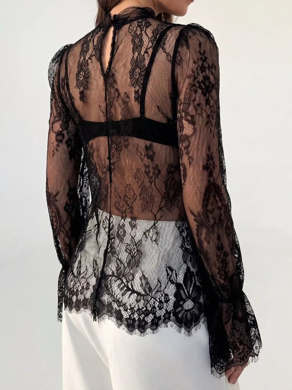 Lace Flounce Sleeve Top in Black, model styling view