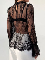Lace Flounce Sleeve Top in Black, model styling view