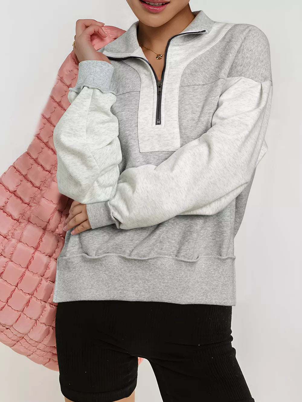 Half Zipper Collared Drop Shoulder Sweatshirt in Light Gray, front view