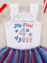 Baby tutu dress with "My First 4th of July" graphic and ruffled straps.