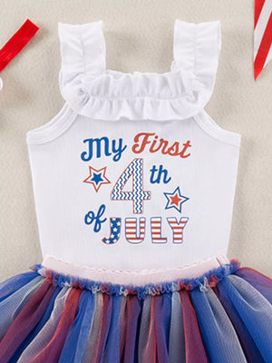 Baby tutu dress with "My First 4th of July" graphic and ruffled straps.