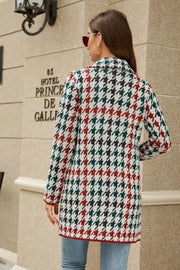 Grid-print knit blazer coat in white, red, green, and black houndstooth pattern.