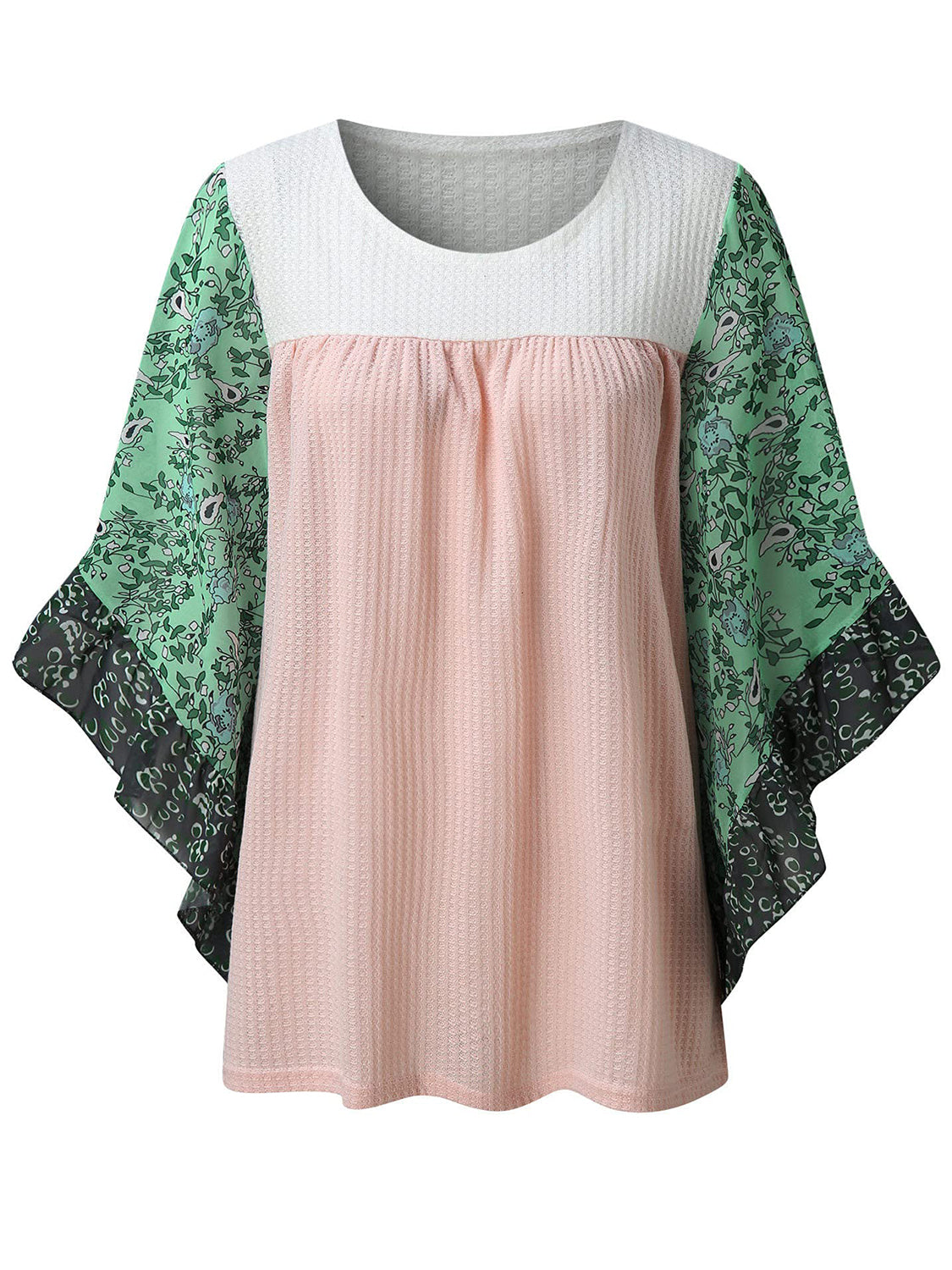 Textured panel blouse in blush pink with white waffle knit and green floral flutter sleeves.