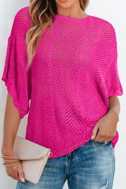 Open-knit chevron sleeve top in hot pink acrylic with a relaxed fit.