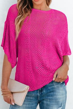 Open-knit chevron sleeve top in hot pink acrylic with a relaxed fit.