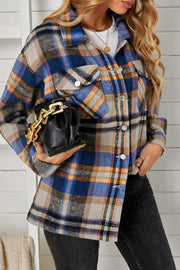 Relaxed plaid shacket in blue/orange with patch pockets and button front.