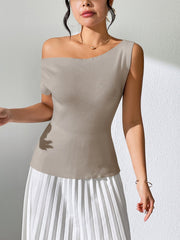 Mocha asymmetric ribbed knit top with off-the-shoulder neckline and short sleeve.