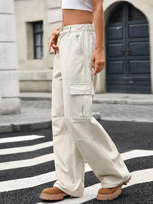 Khaki high-waisted cargo jeans with multiple pockets and a relaxed fit.