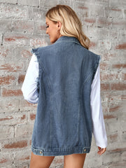 Dusty blue denim utility vest with raw frayed edges and button details.