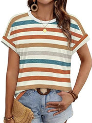 Striped casual t-shirt with short sleeves and crew neck in orange, blue, and tan stripes.