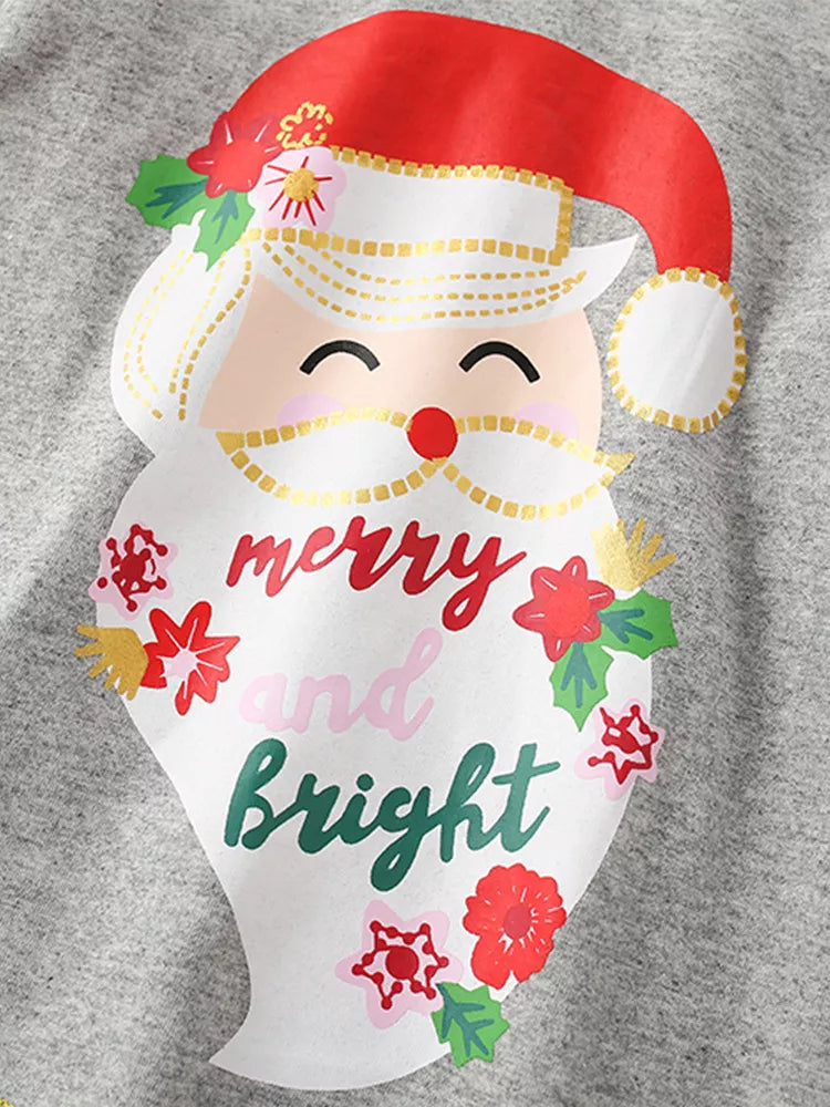 Gray baby pajamas with a Santa graphic and "merry and bright" text.