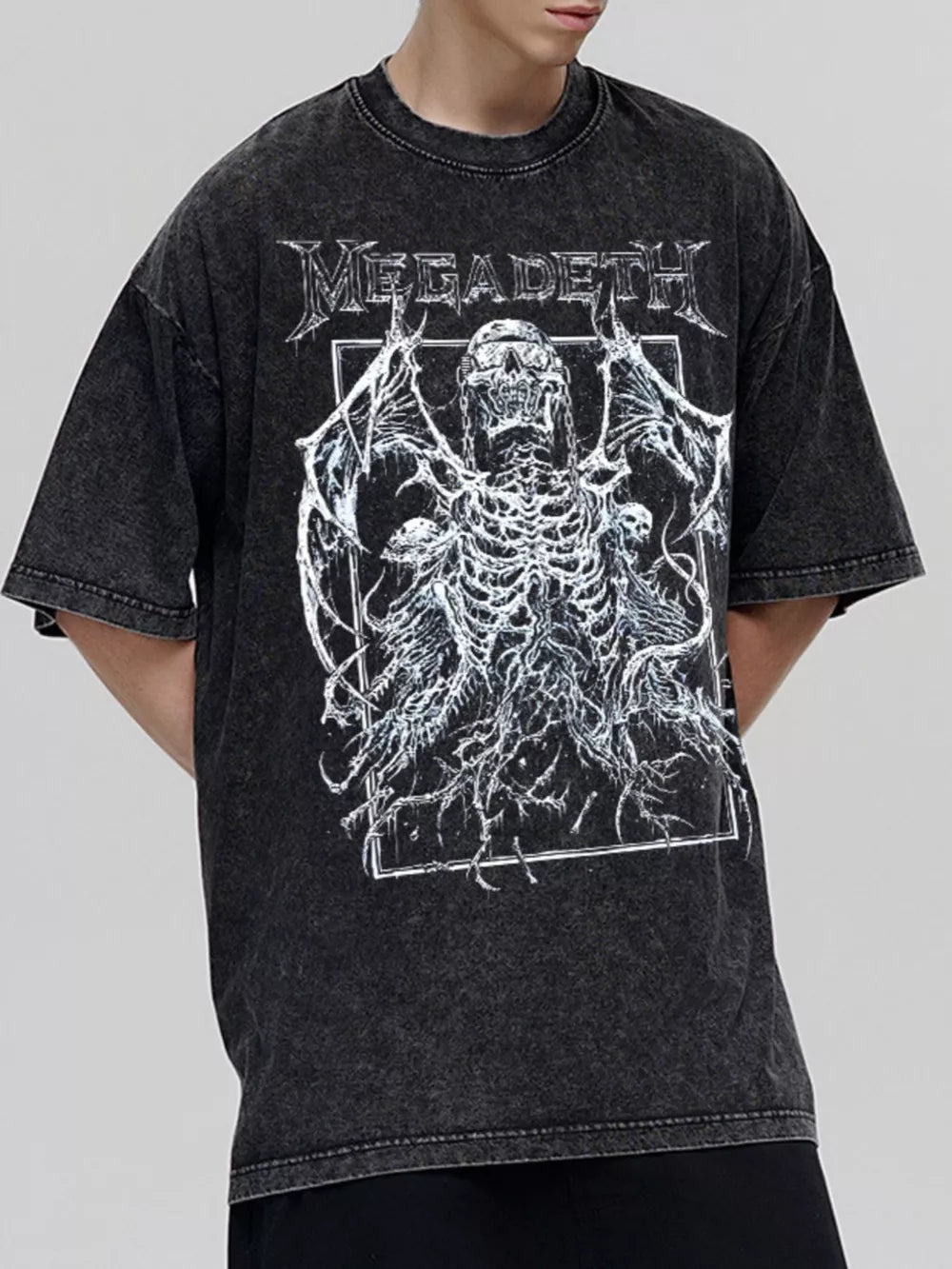 Dark gray vintage graphic tee with skeleton and wings, crew neck, short sleeves, cotton blend.