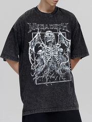 Dark gray vintage graphic tee with skeleton and wings, crew neck, short sleeves, cotton blend.