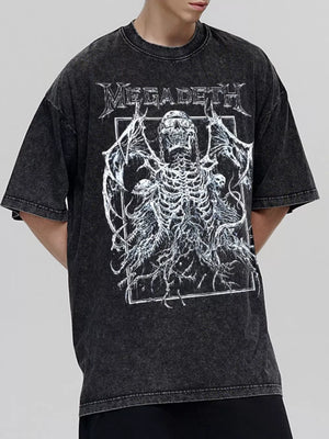 Dark gray vintage graphic tee with skeleton and wings, crew neck, short sleeves, cotton blend.