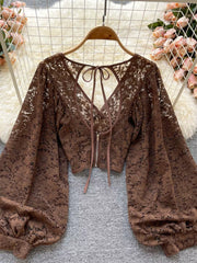 Brown sheer floral lace cropped shirt with balloon sleeves and back tie detail.