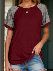 Burgundy raglan sleeve tee with grey sleeves and crew neck.