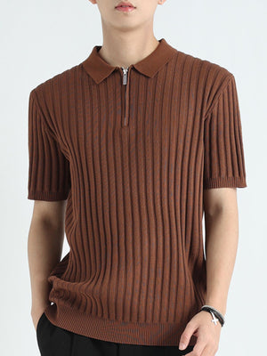 Brown ribbed knit polo shirt with short sleeves and a quarter zip neckline.