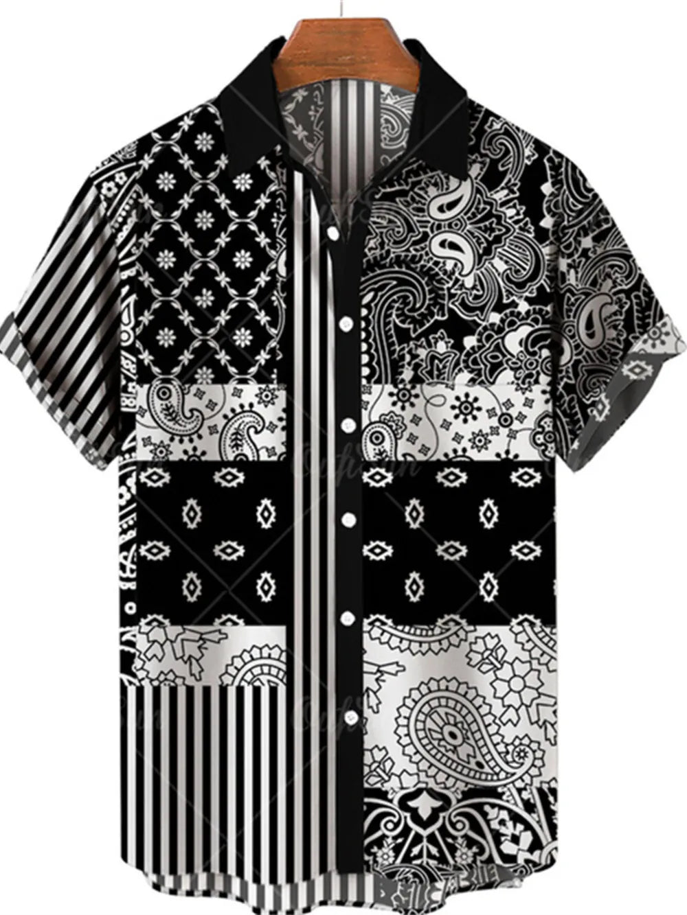 Men's Plus Size Printed Button Up Short Sleeve Shirt, close-up detail