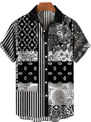 Men's Plus Size Printed Button Up Short Sleeve Shirt, close-up detail