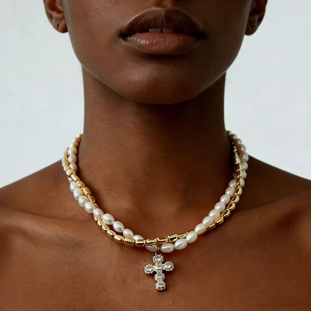 Elegant Pearl Alloy Necklace With Rhinestone Cross Pendant in Gold, close-up detail