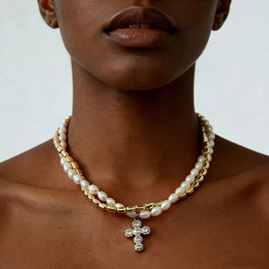 Elegant Pearl Alloy Necklace With Rhinestone Cross Pendant in Gold, close-up detail