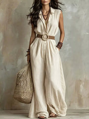 Full Size Sleeveless Wide Leg Jumpsuit Plus Size in White, front view