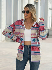 Aztec print zip-up hooded jacket with white drawstring and zipper.