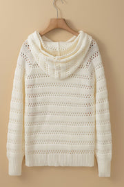 Openwork knit hoodie in beige with horizontal stripe pattern and drawstring.