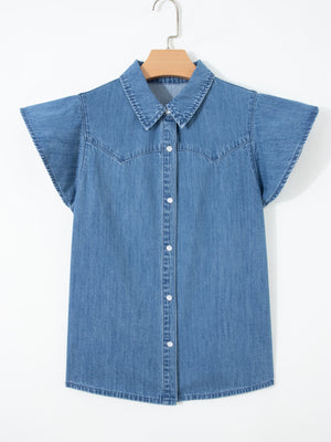Ruffled denim button-up shirt with short sleeves and a collared neckline.
