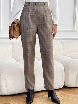 High-waisted taupe plaid trousers with pleat detail and button closure